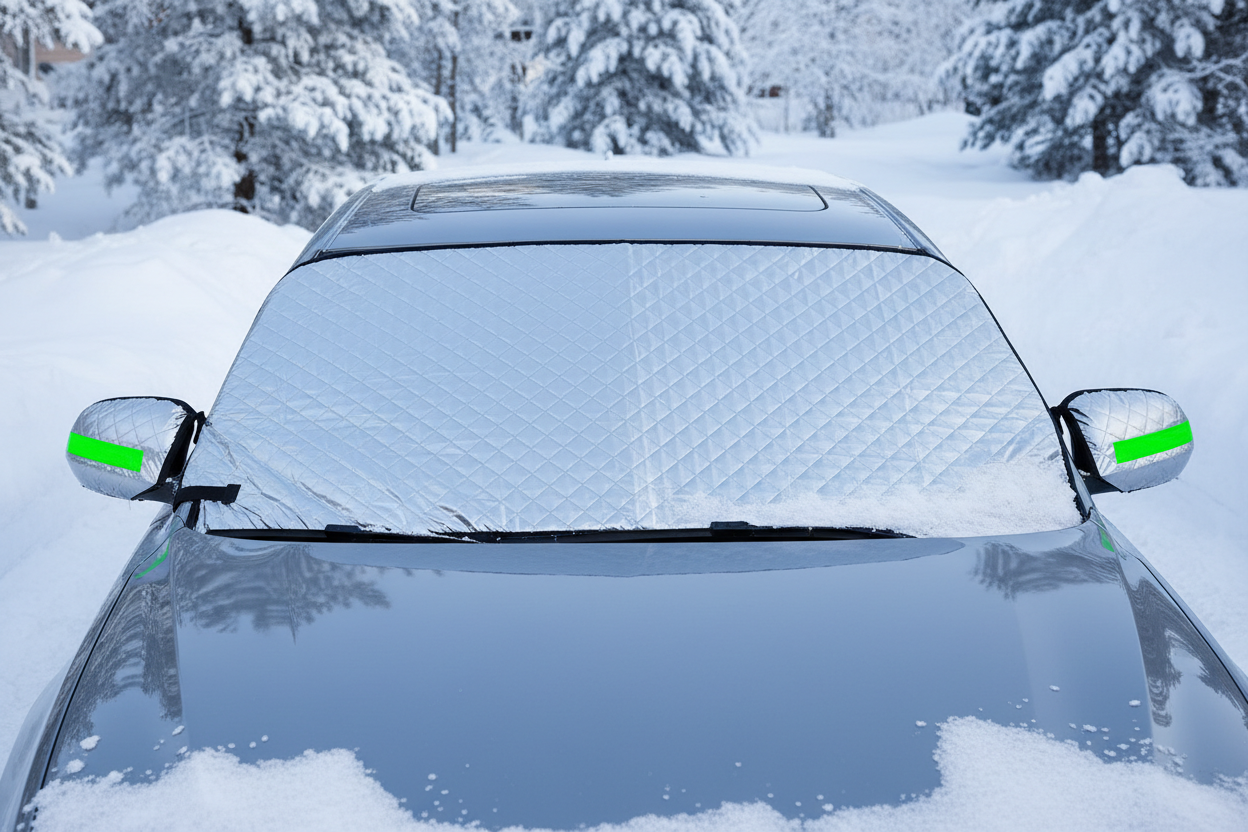 Create a high-quality split-screen 'Before and After' comparison photo. On the left side (Before), a person is shivering in the cold, struggling to scrape thick ice and snow off a car windshield with a plastic scraper. On the right side (After), a person is smiling and easily lifting off a silver quilted ThePolarCover, revealing a perfectly clean, dry, and ice-free windshield underneath. Cinematic lighting, snowy Canadian winter background, 8k resolution.

